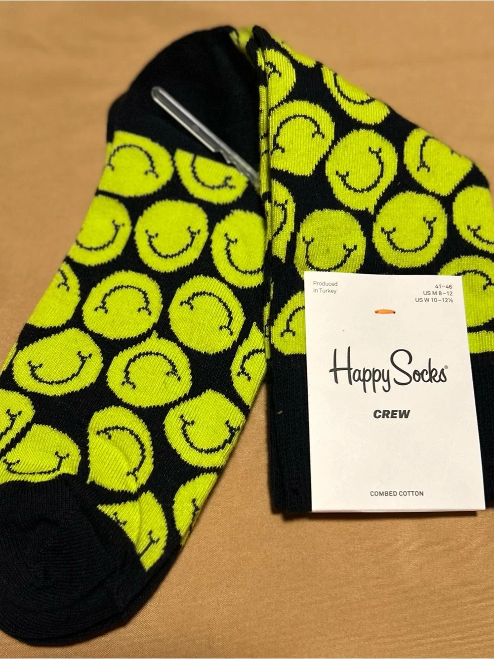 Happy Socks Black & Neon Green Smiley Pattern Crew Socks